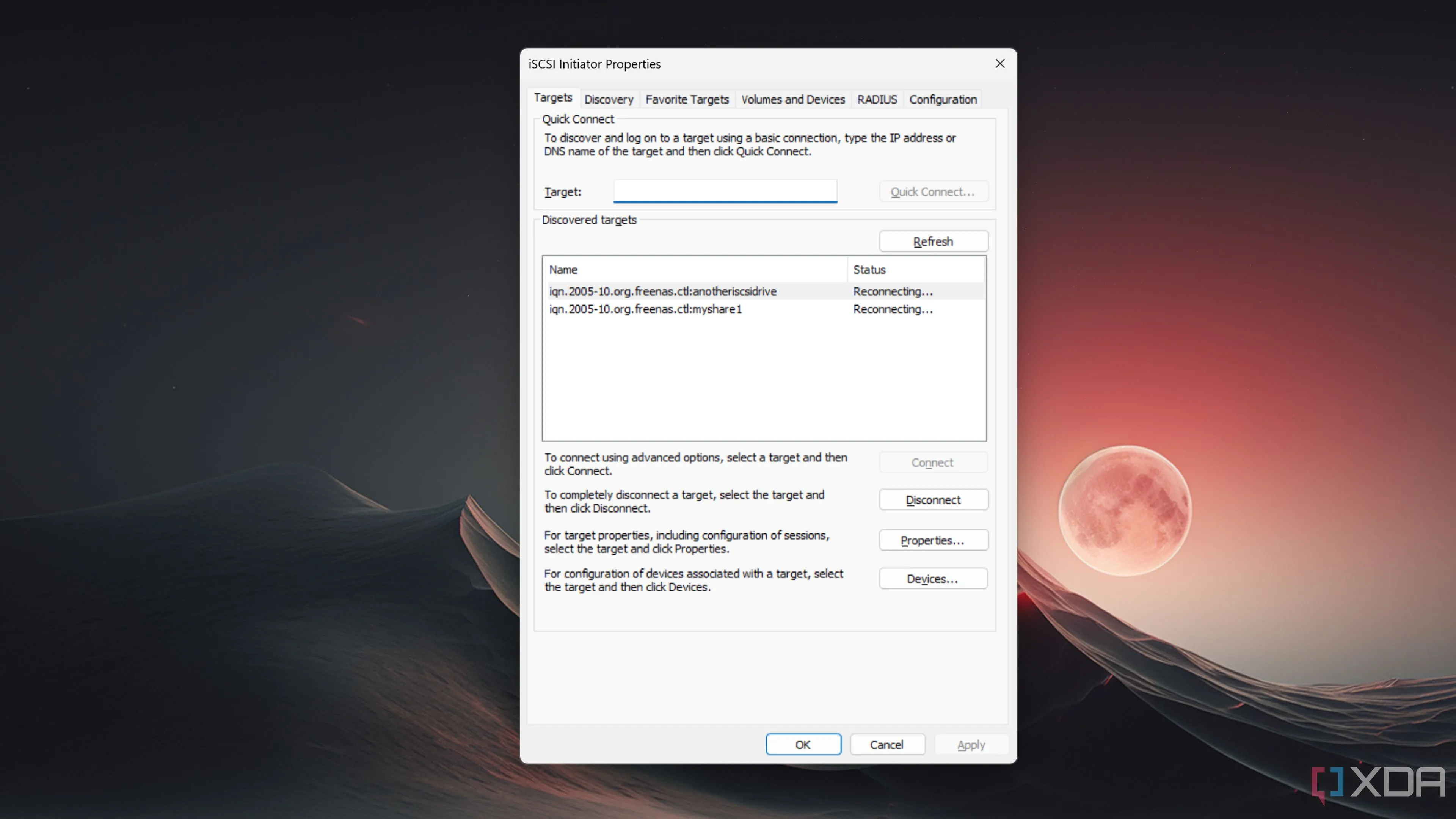 Giao diện Trình khởi tạo iSCSI (iSCSI Initiator) trên Windows 11, cho thấy cách cấu hình kết nối đến ổ đĩa iSCSI.