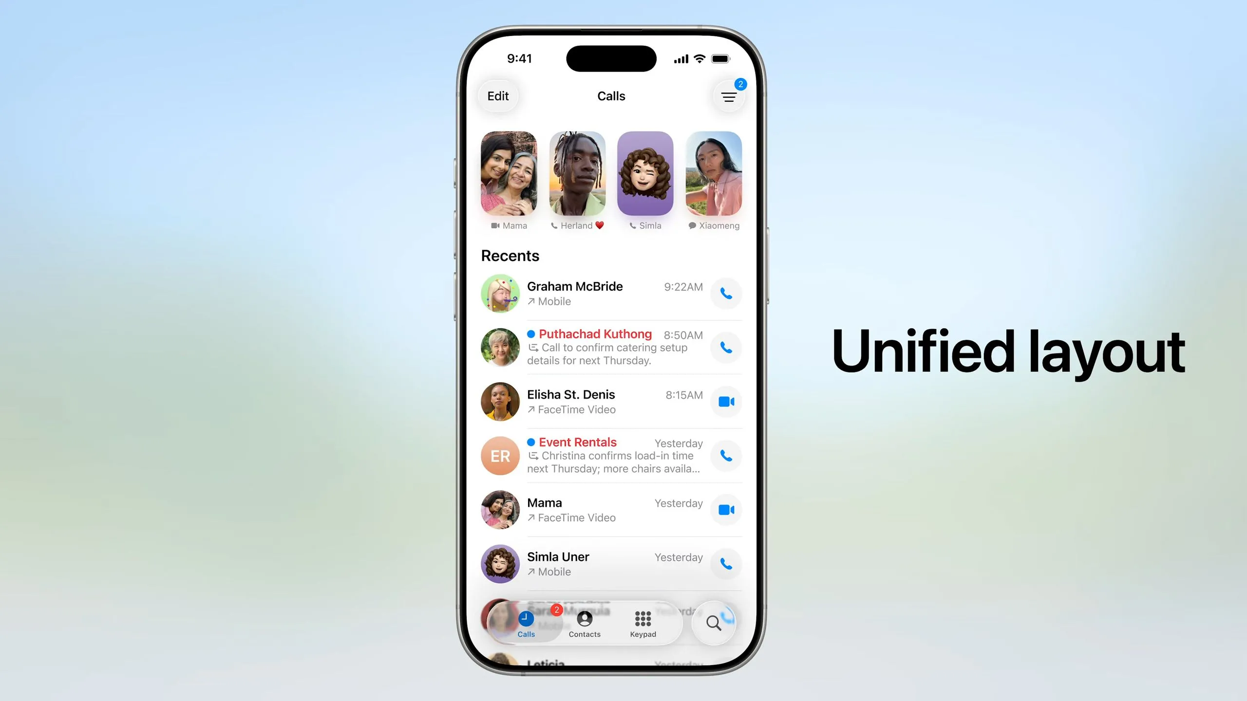 Giao diện ứng dụng Điện thoại được thiết kế lại trong iOS 26 với danh bạ yêu thích và cuộc gọi gần đây