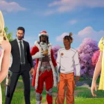 Hình ảnh các nhân vật nổi tiếng (Sabrina Carpenter, Keanu Reeves) trong game Fortnite với các bộ skin đặc biệt