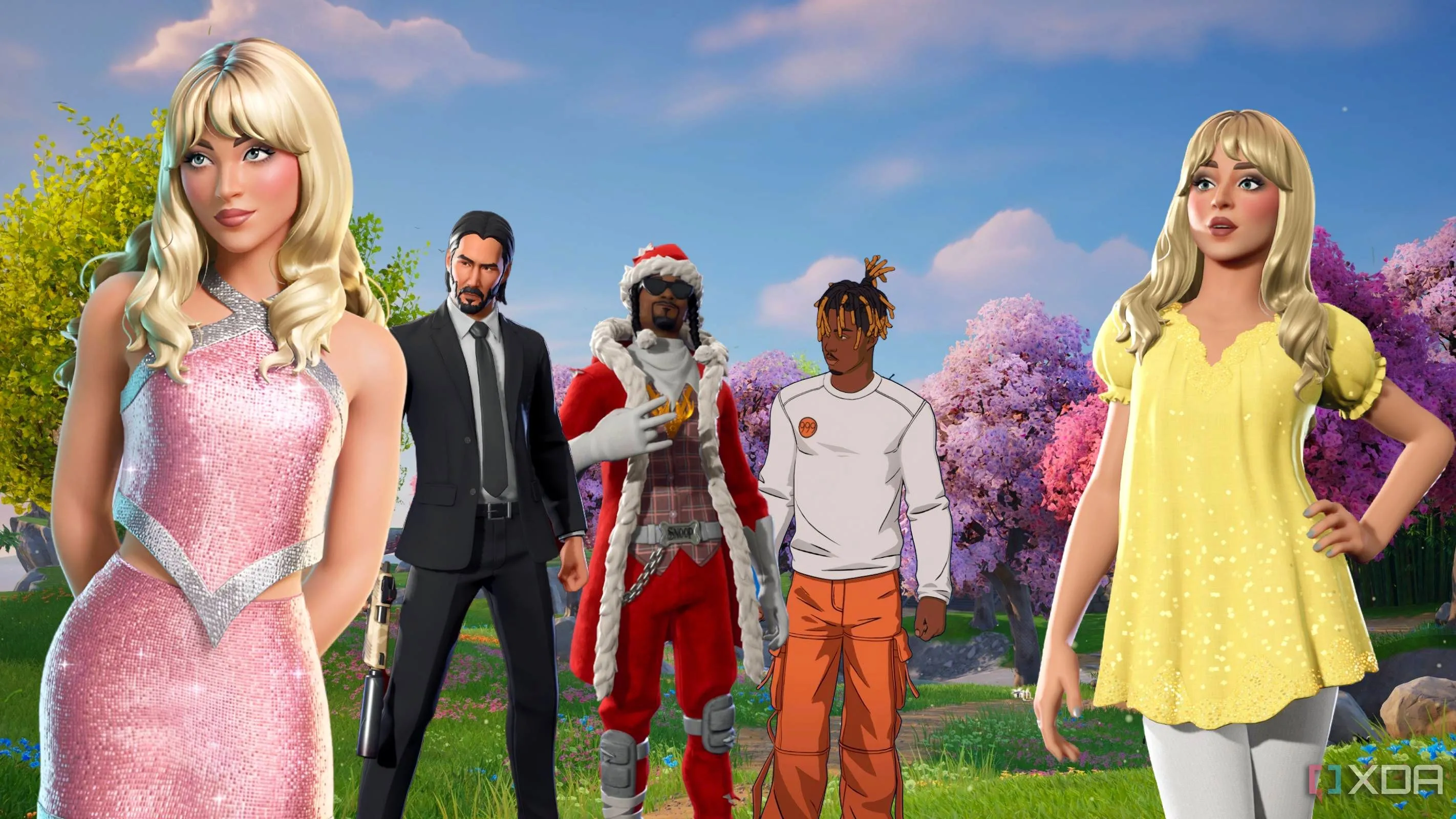 Hình ảnh các nhân vật nổi tiếng (Sabrina Carpenter, Keanu Reeves) trong game Fortnite với các bộ skin đặc biệt