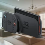 Máy chơi game Nintendo Switch 2 đặt trên dock kèm Joy-Con 2 trong tay cầm, phông nền phòng khách