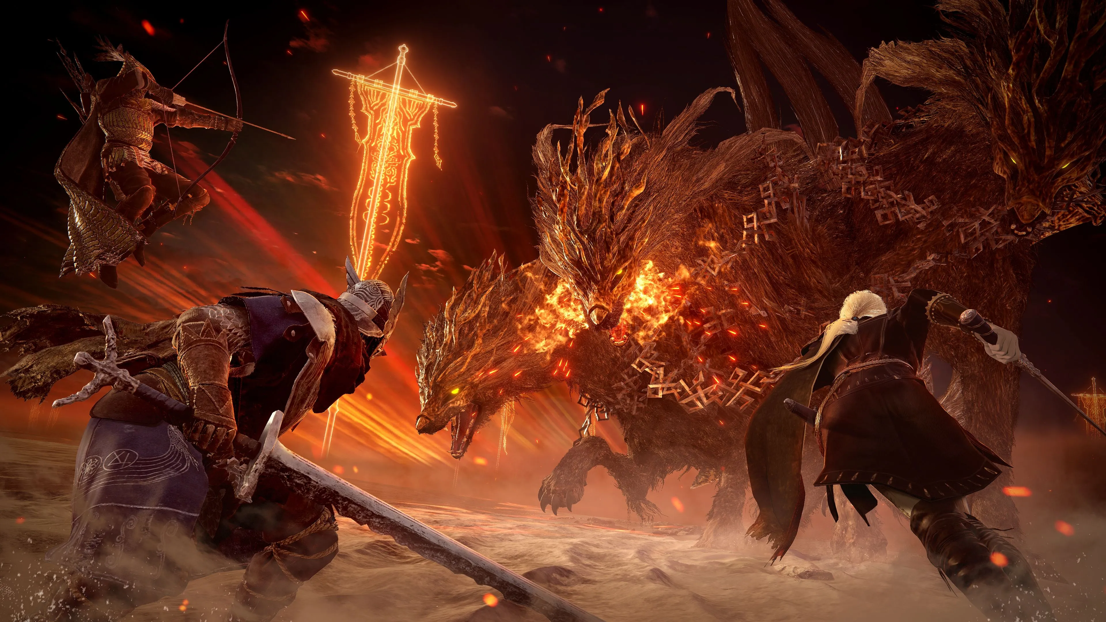 Nhóm người chơi chiến đấu với một boss quái vật lớn trong game Elden Ring Nightreign co-op.