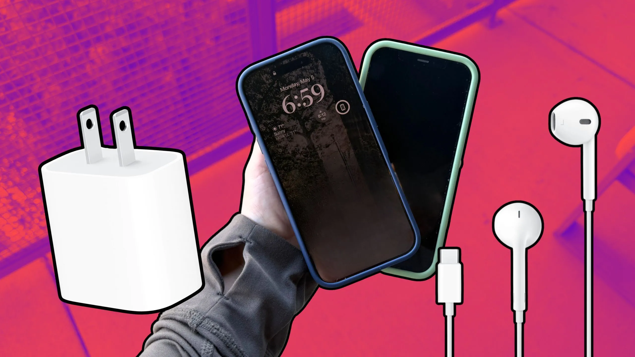 Thiết bị Apple: củ sạc, iPhone và EarPods