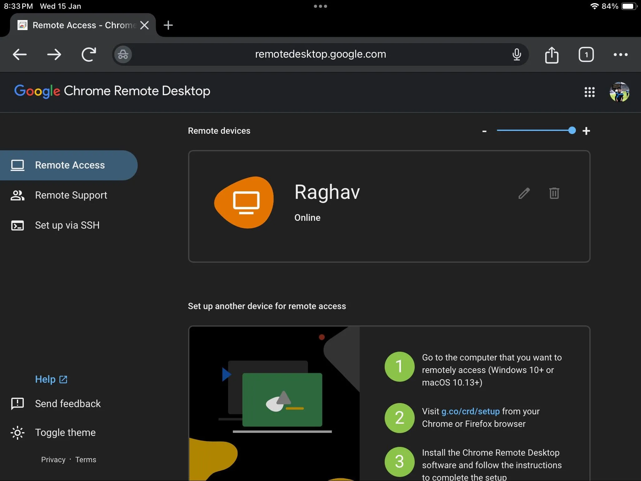 Danh sách các máy tính PC khả dụng trên giao diện Chrome Remote Desktop trên iPad