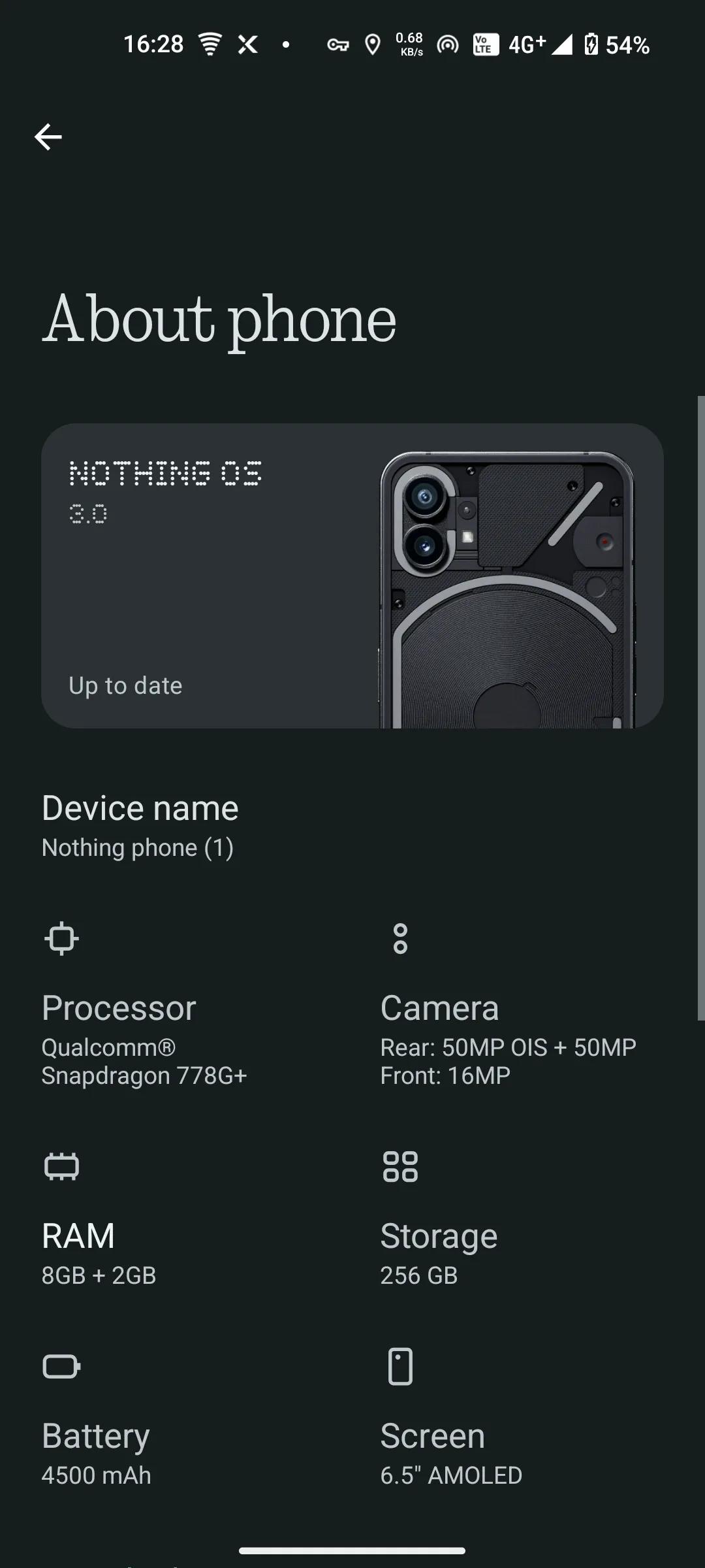 Giao diện mục 'Giới thiệu điện thoại' trên Nothing Phone hiển thị thông tin thiết bị