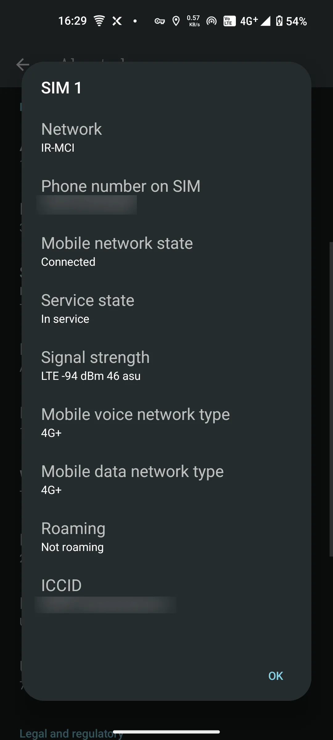 Màn hình 'Chi tiết SIM' trên Nothing Phone hiển thị các thông số đo lường tín hiệu sóng di động