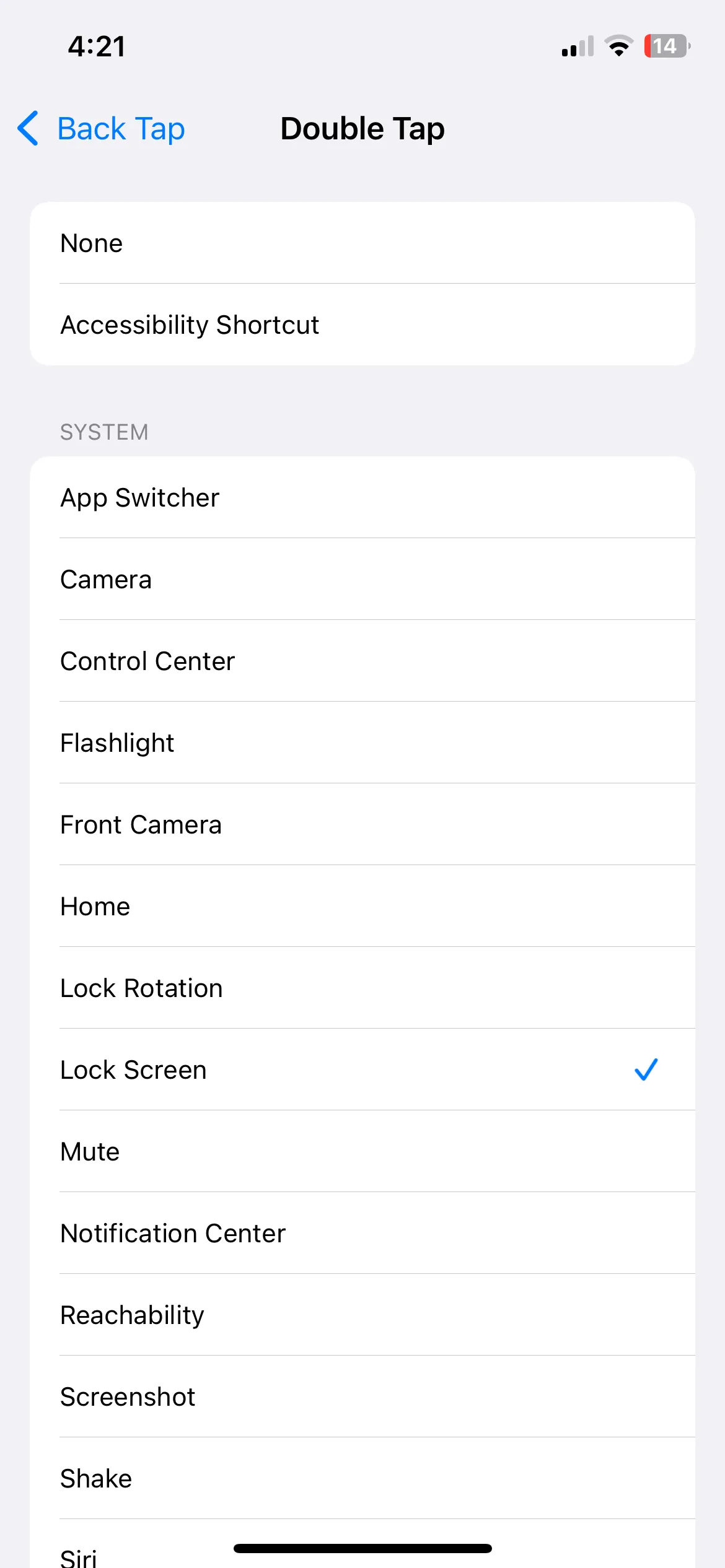 Menu cài đặt Chạm hai lần (Back Tap) trên iPhone, cho phép gán hành động cho cử chỉ chạm mặt lưng.