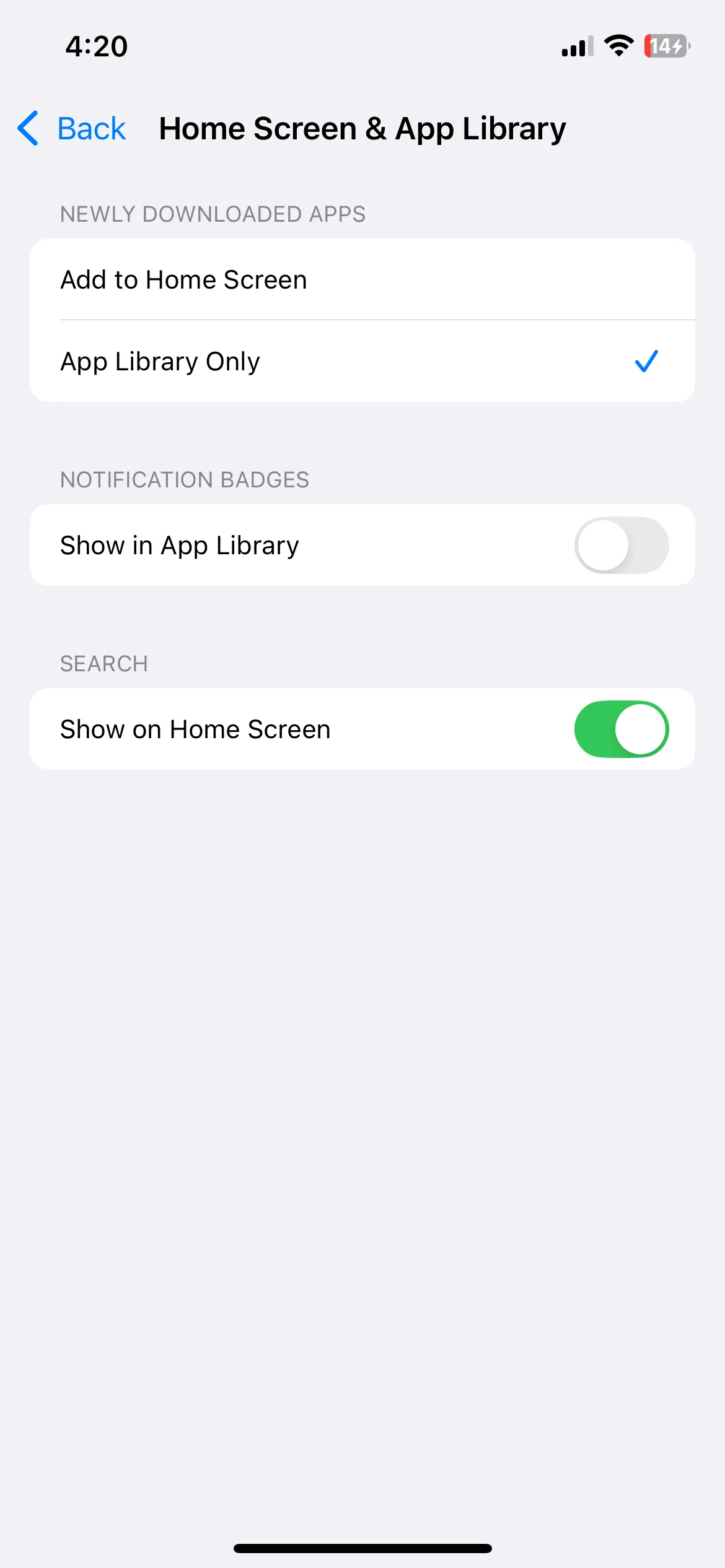 Menu cài đặt Màn hình chính và Thư viện ứng dụng trên iPhone, giúp quản lý vị trí lưu ứng dụng mới tải về.