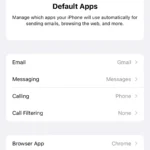 Menu cài đặt ứng dụng mặc định trên iPhone, cho phép người dùng thay đổi trình duyệt web, email mặc định.