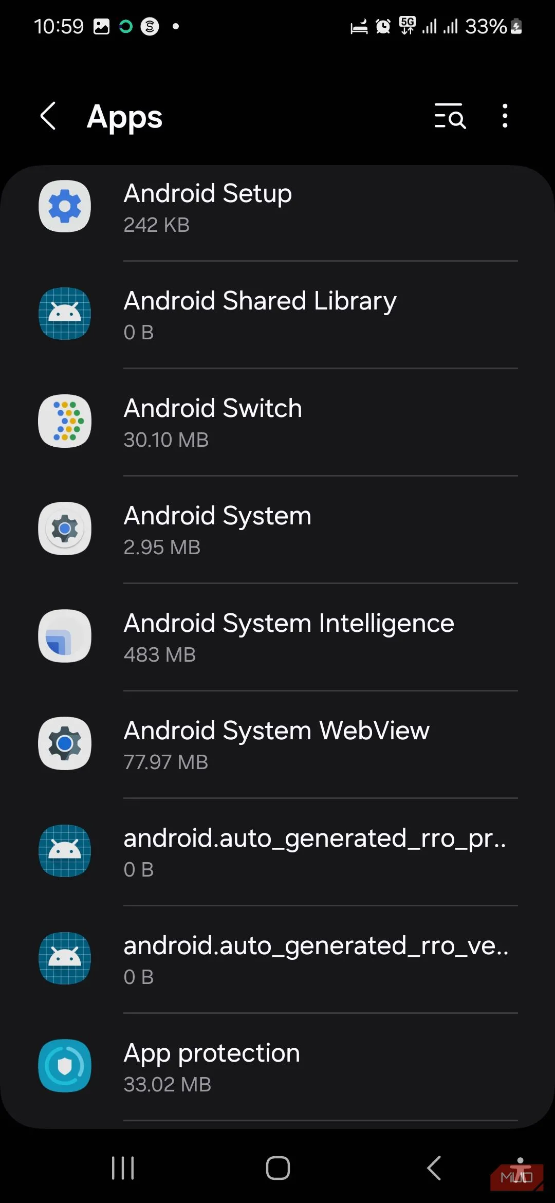 Mục Hệ thống Android trong danh sách ứng dụng trên điện thoại Samsung.