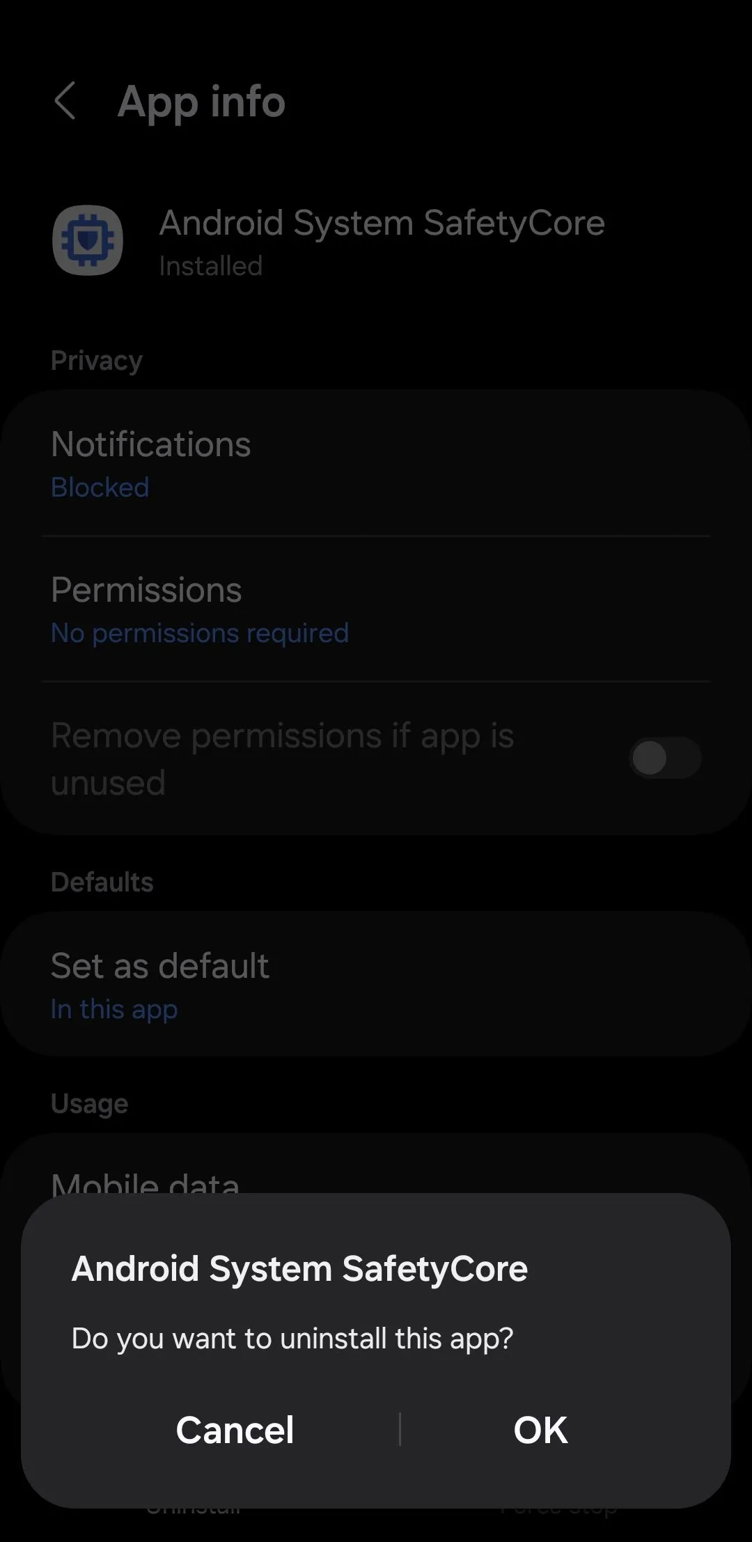 Ứng dụng Android System SafetyCore hiển thị tùy chọn gỡ cài đặt trên Android