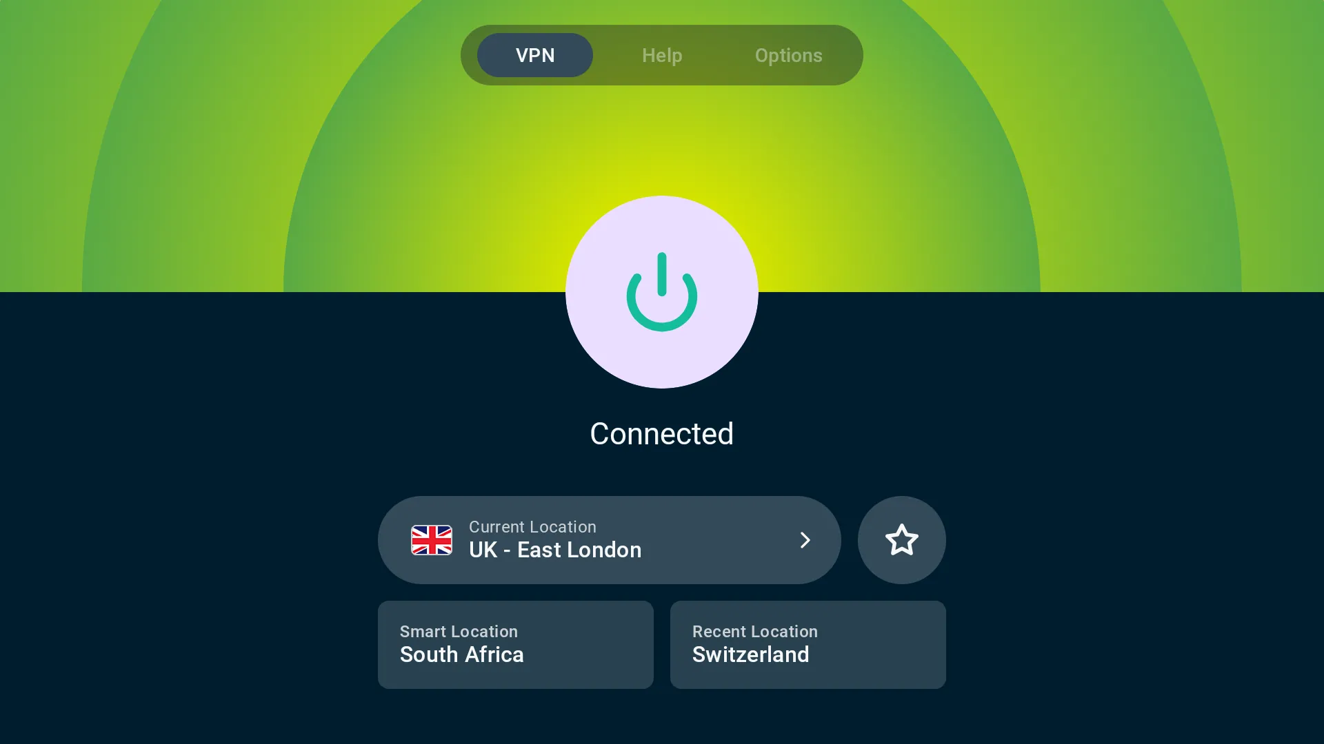 Ứng dụng ExpressVPN hiển thị trạng thái đã kết nối trên màn hình Smart TV, minh họa khả năng bảo mật và vượt giới hạn địa lý.