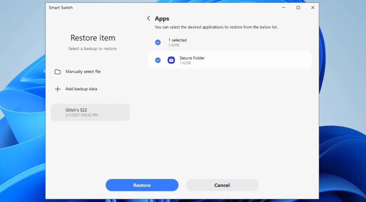 Ứng dụng Smart Switch trên máy tính hiển thị tùy chọn khôi phục dữ liệu Secure Folder