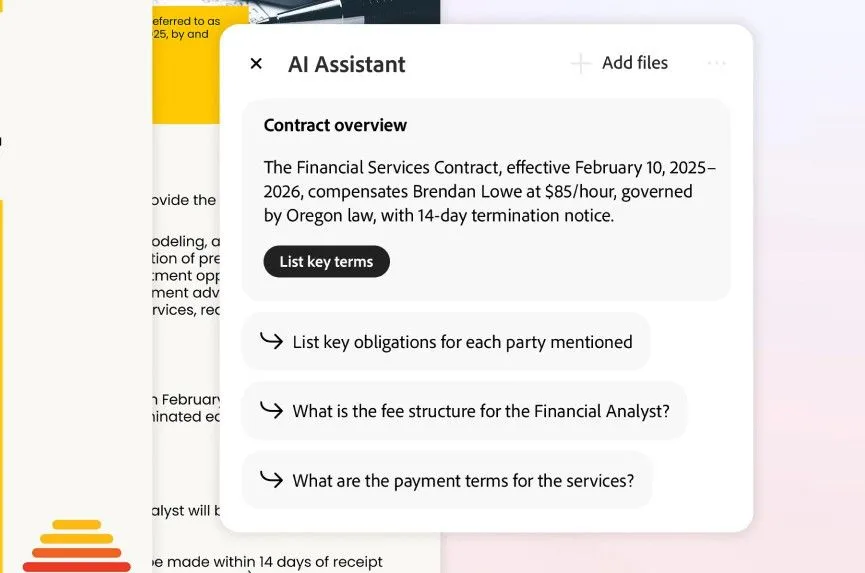 Adobe Acrobat AI liệt kê các điều khoản chính của một hợp đồng