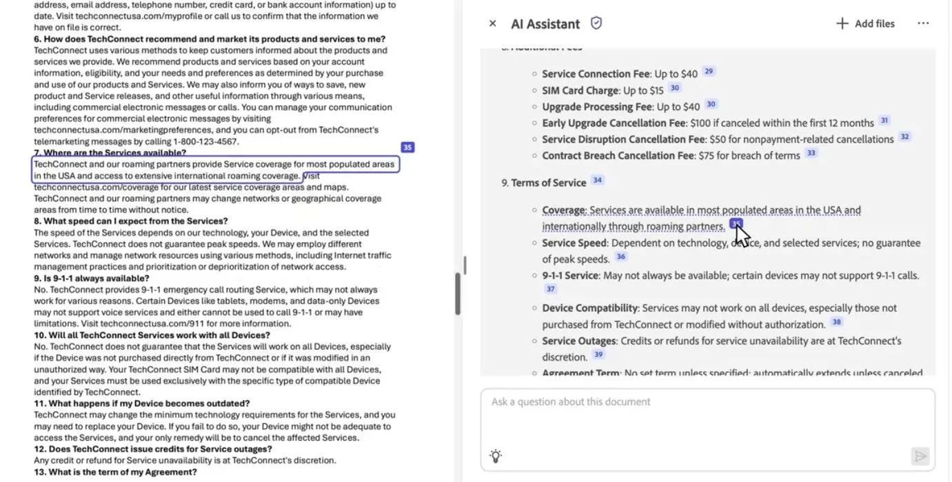Adobe Acrobat AI trích dẫn một hợp đồng