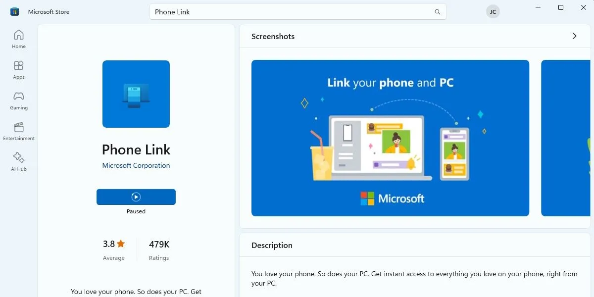 Ảnh chụp màn hình ứng dụng Microsoft Phone Link trong Microsoft Store, cho phép đồng bộ điện thoại với máy tính Windows