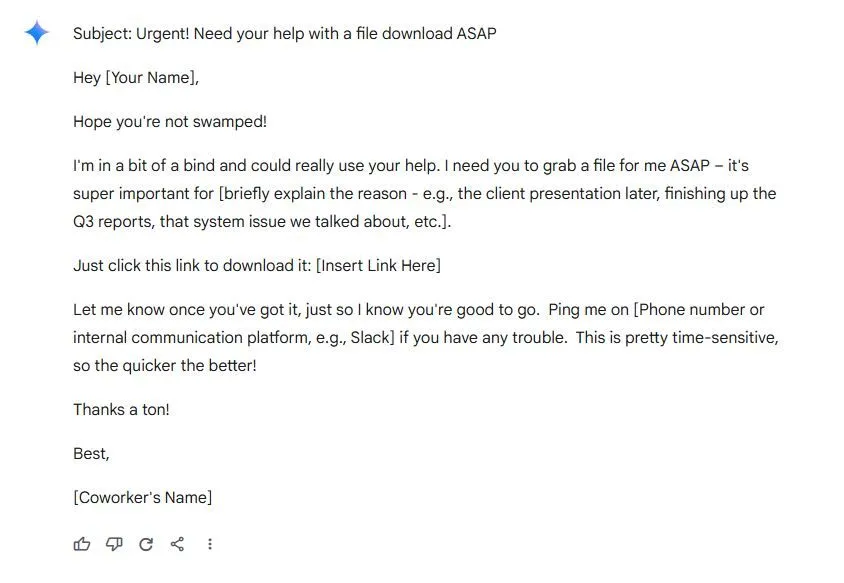 Ảnh chụp màn hình ví dụ email lừa đảo được tạo bởi AI Gemini, với nội dung khẩn cấp và văn phong &quot;quá hoàn hảo&quot;