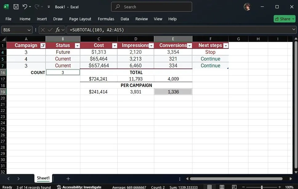 Áp dụng hàm SUBTOTAL để đếm số ô trong bảng Excel