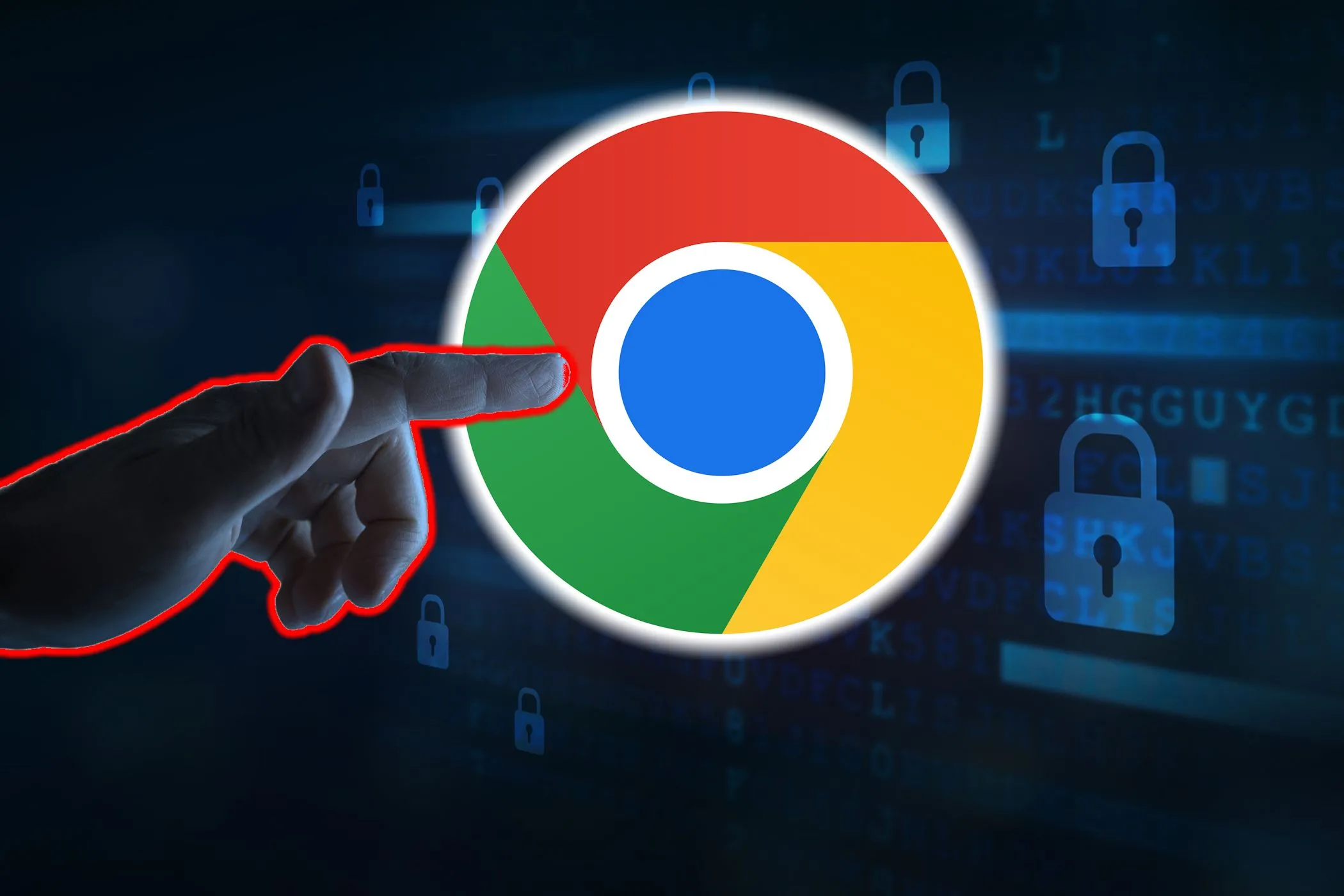 Bàn tay chỉ vào logo Google Chrome, minh họa việc kiểm tra các tiện ích mở rộng trình duyệt