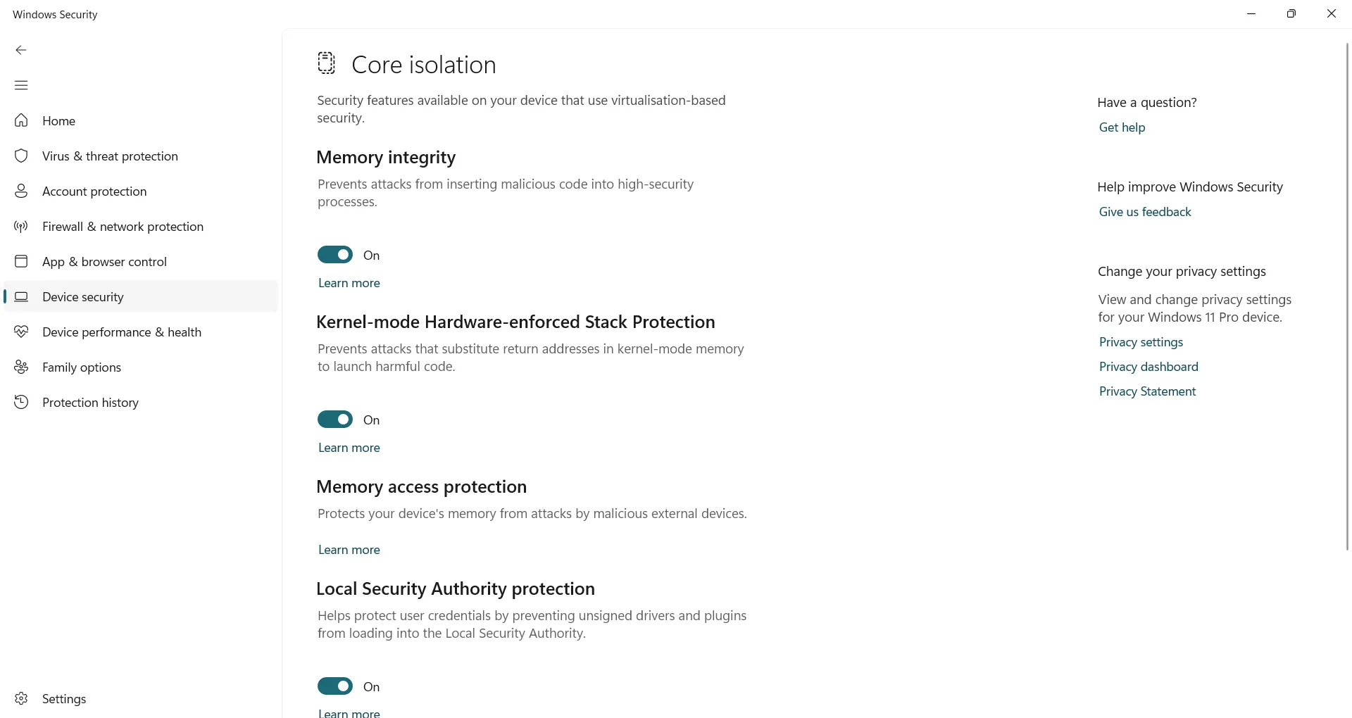 Bật tính năng Memory Integrity để cô lập lõi trong Windows Security
