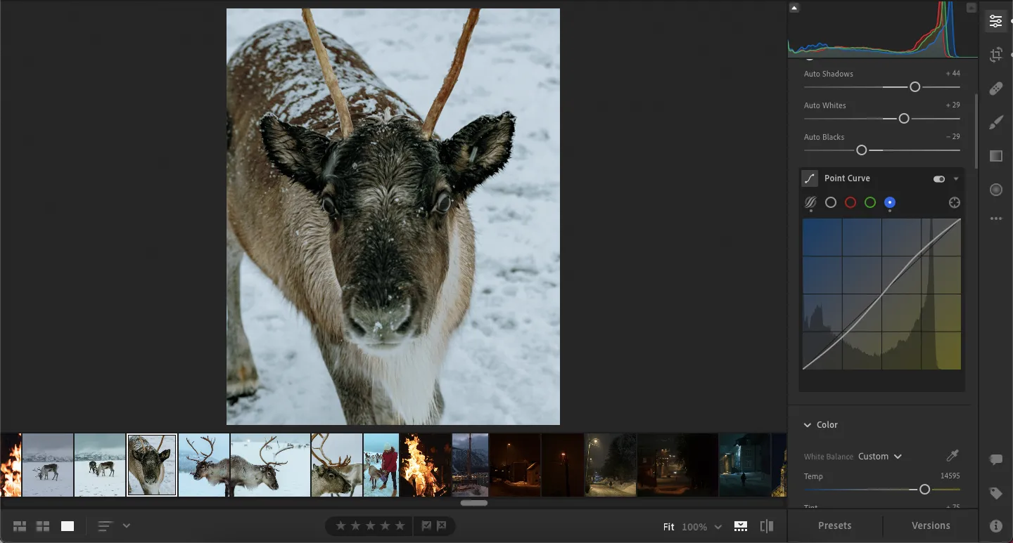 Biểu đồ đường cong màu sắc trong giao diện chỉnh sửa ảnh Adobe Lightroom