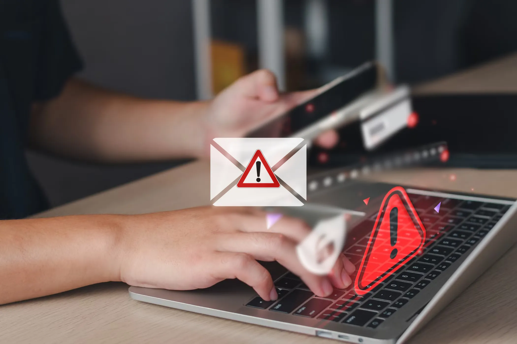 Biểu tượng email lừa đảo với một người đang sử dụng laptop và điện thoại ở phía sau.