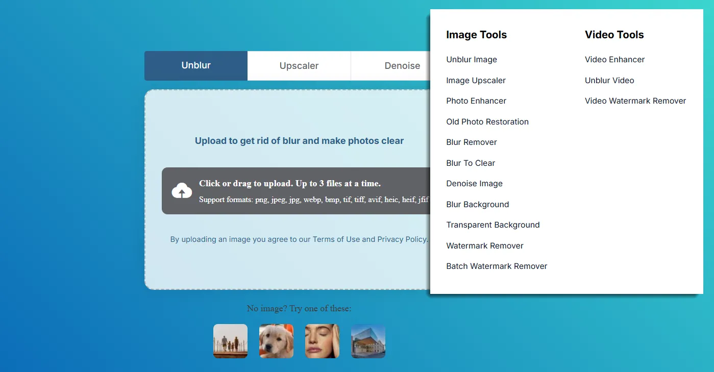 Các công cụ chỉnh sửa ảnh khác trên UnblurImage AI như Upscaler, Denoise và Old Photo Restoration