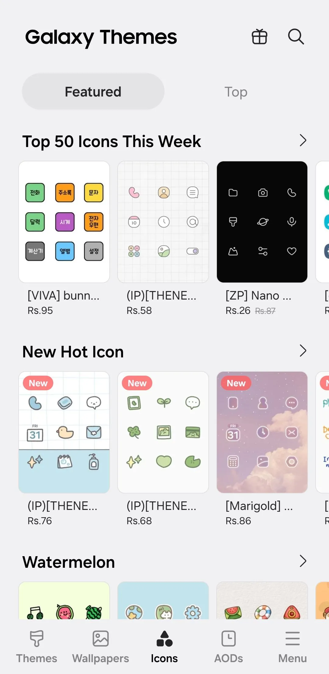 Các gói biểu tượng ứng dụng (icon pack) trên Galaxy Themes Store của Samsung.