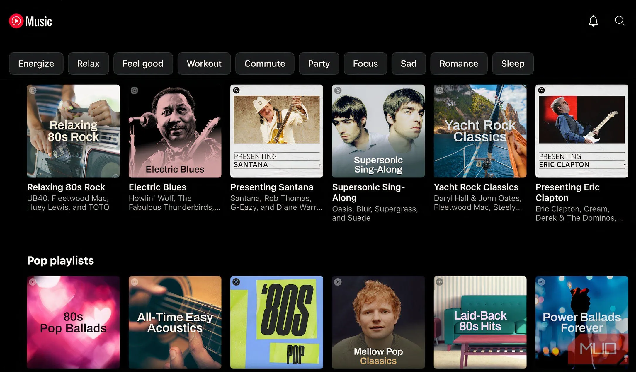 Các gợi ý âm nhạc cá nhân hóa trên trang chủ YouTube Music