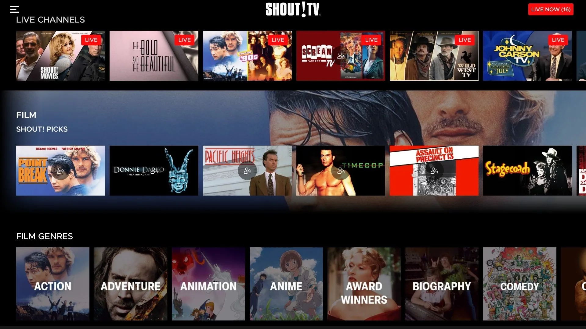 Các kênh trực tuyến, phim và thể loại phim có sẵn để xem trên ứng dụng Shout! TV dành cho Smart TV.