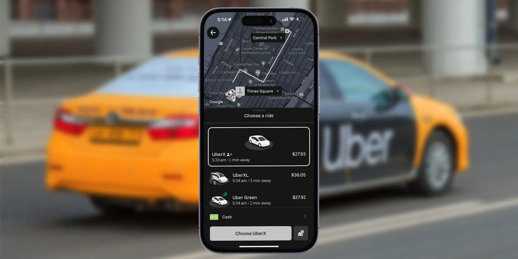 Các loại hình dịch vụ gọi xe Uber hiển thị trên iPhone