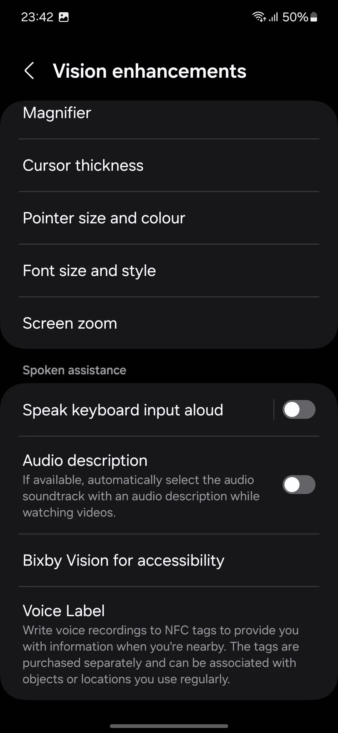 Các tùy chọn menu trợ năng trên điện thoại Samsung hiển thị Cải thiện thị giác