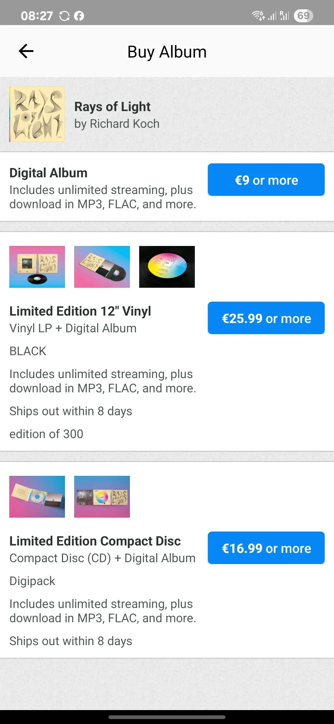 Các tùy chọn mua nhạc trên ứng dụng Bandcamp, cho phép người hâm mộ trực tiếp ủng hộ nghệ sĩ.