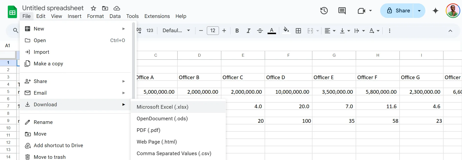 Các tùy chọn tải xuống file trong Google Sheets, bao gồm định dạng Excel (.xlsx)