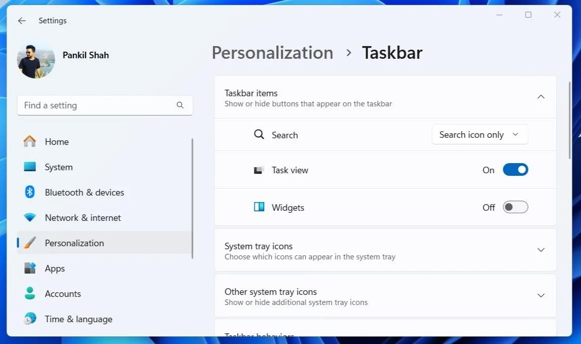 Các tùy chọn Taskbar trong ứng dụng Cài đặt của Windows 11
