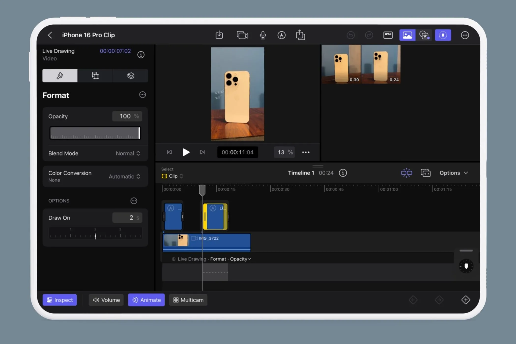 Các tùy chọn tùy chỉnh Live Drawing trong menu Inspect của Final Cut Pro iPad