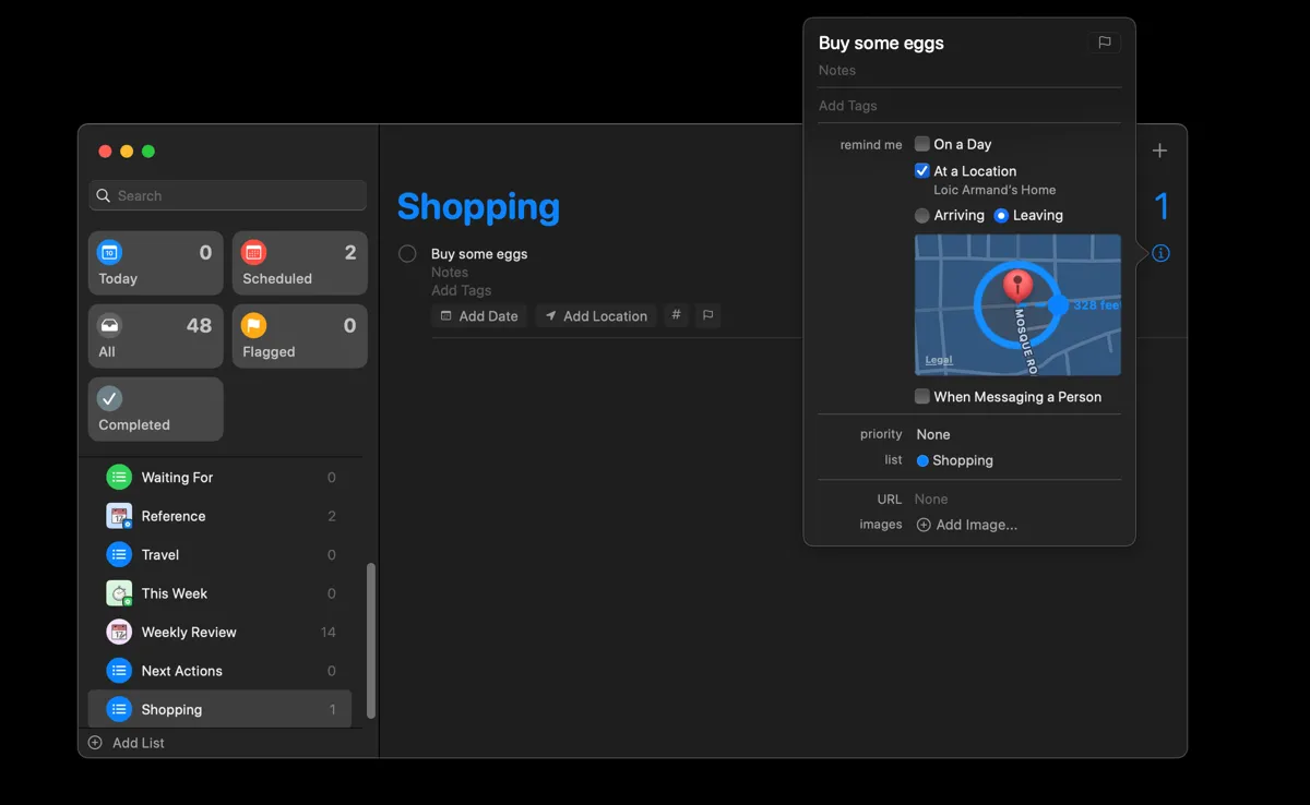 Cài đặt lời nhắc dựa trên vị trí trong Apple Reminders trên máy Mac