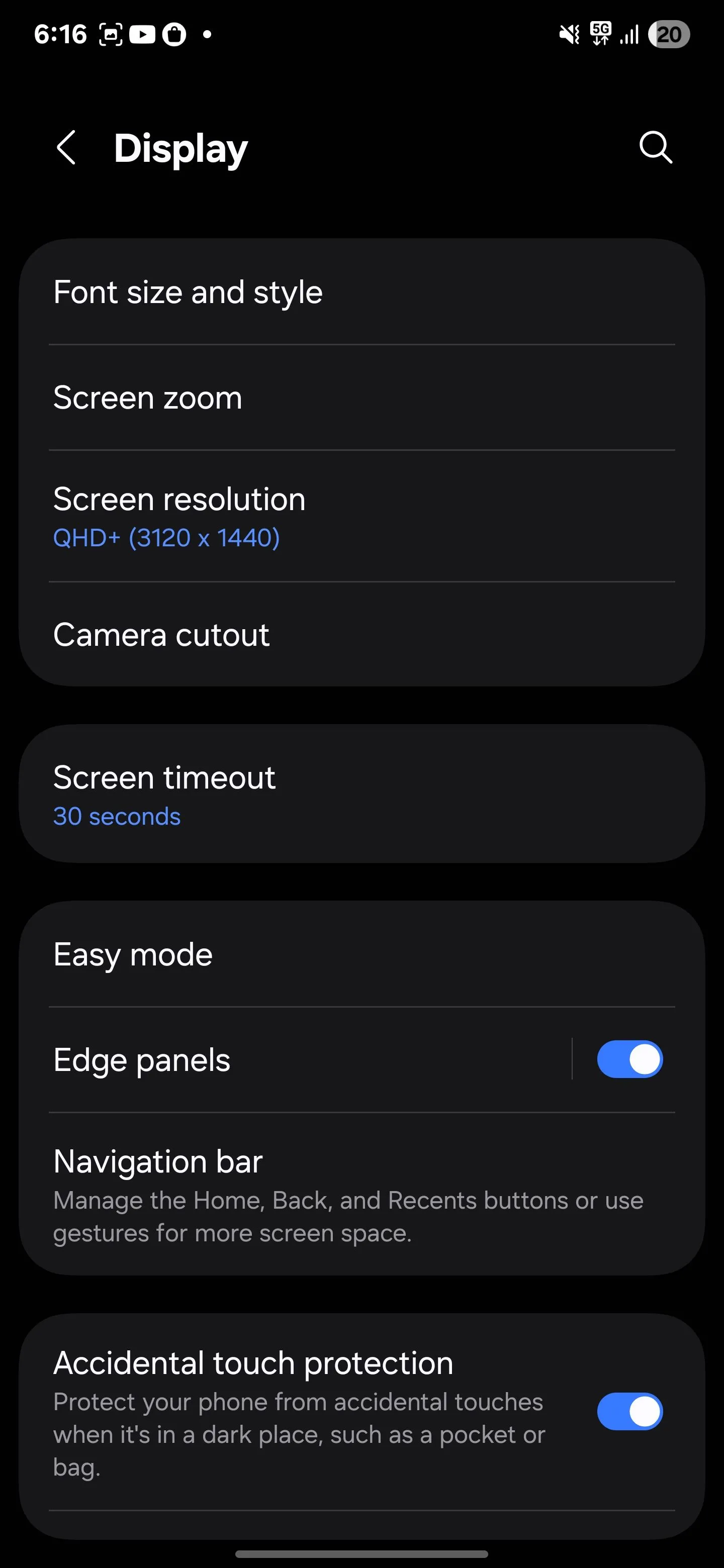 Cài đặt thời gian chờ màn hình (Screen timeout) trong phần Hiển thị của Samsung.