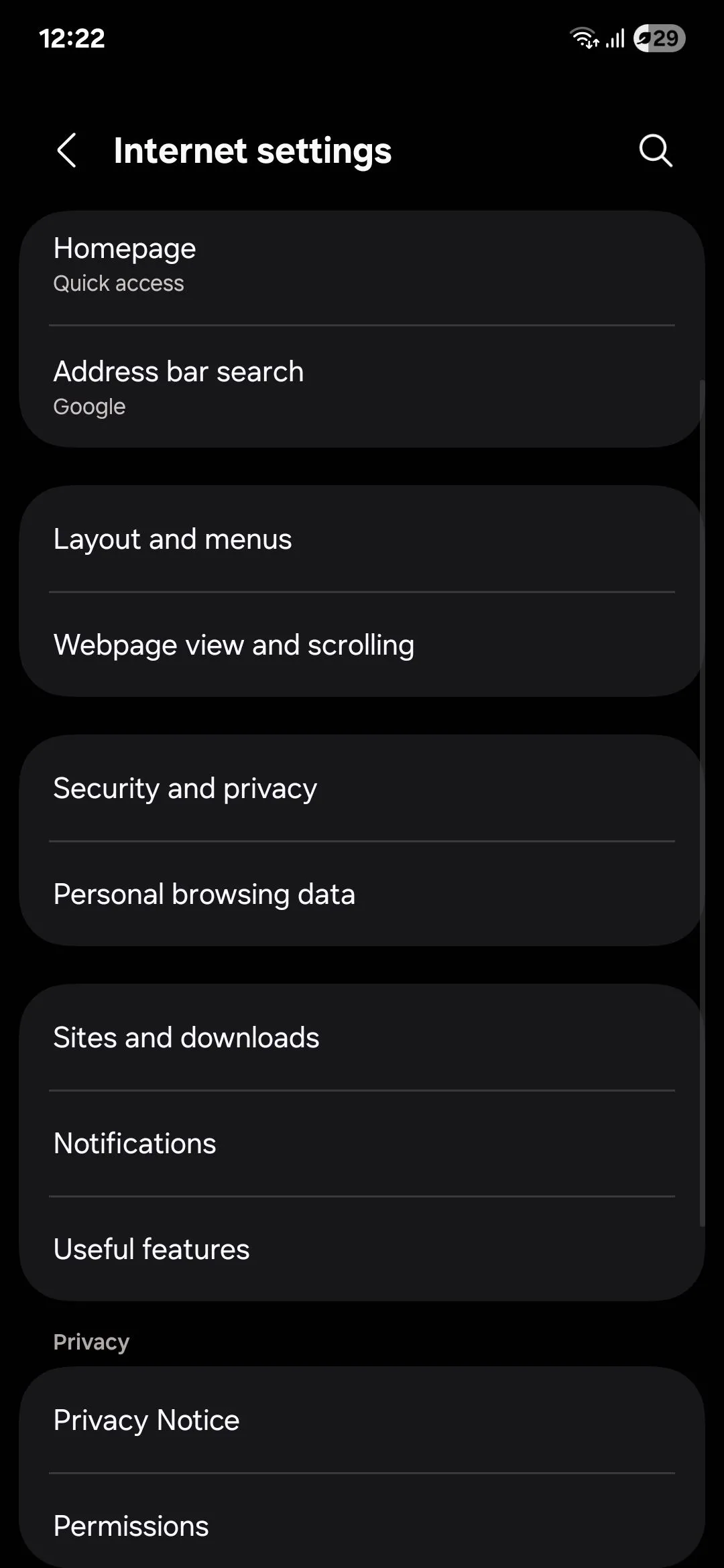 Cài đặt trình duyệt Samsung Internet với nhiều tùy chọn cá nhân hóa.