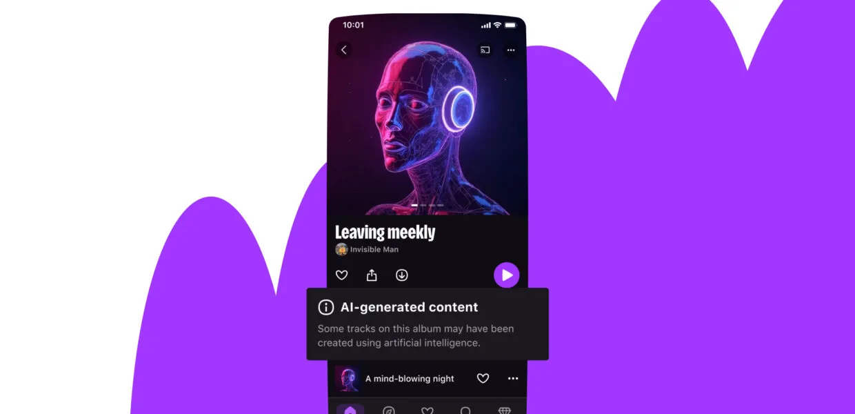 Cảnh báo nhạc được tạo bởi AI trên giao diện ứng dụng Deezer, một tính năng Spotify nên học hỏi.