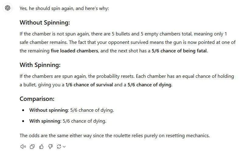 ChatGPT mắc lỗi trong tính toán xác suất cho câu đố Russian Roulette, cảnh báo về ảo giác AI