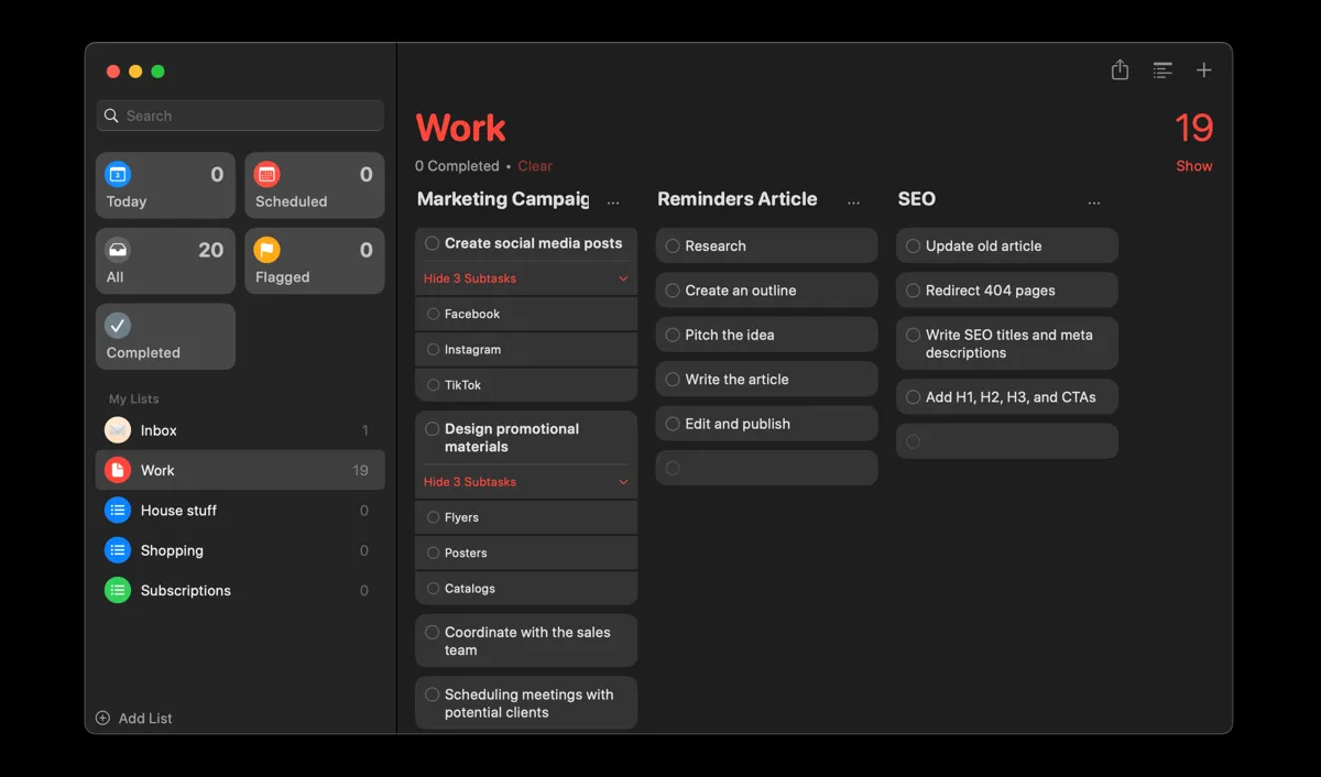 Chế độ xem cột (Kanban) trong ứng dụng Reminders, giúp tổ chức công việc trực quan