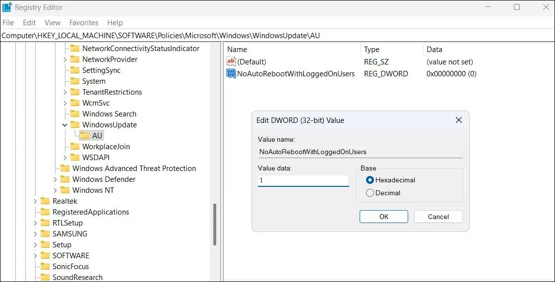 Chỉnh sửa giá trị DWORD để vô hiệu hóa khởi động lại tự động trong Registry Editor