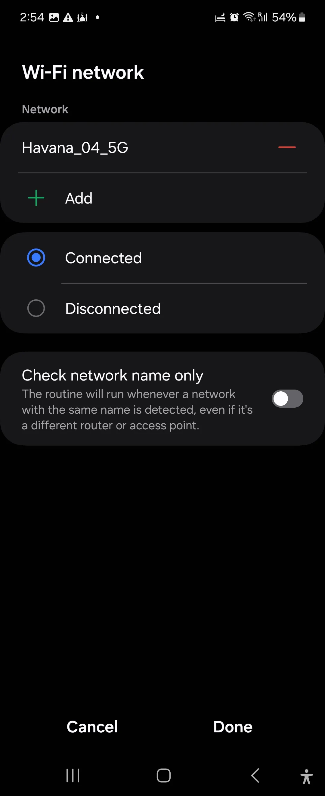 Chọn mạng Wi-Fi trong ứng dụng Samsung Modes and Routines
