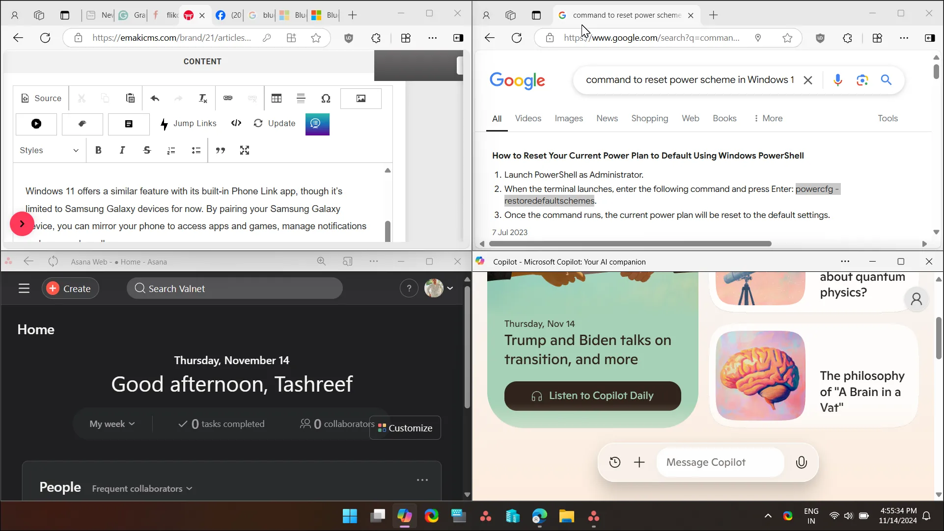 Chức năng Snap Layouts trên Windows 11 với bốn cửa sổ ứng dụng được sắp xếp gọn gàng chiếm ¼ màn hình mỗi cửa sổ.
