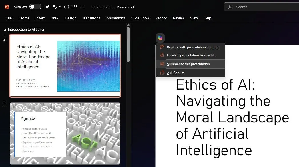 Copilot tóm tắt bài thuyết trình trong PowerPoint, minh họa khả năng tích hợp Microsoft 365.
