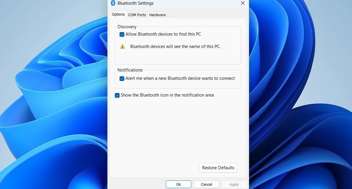 Cửa sổ cài đặt Bluetooth để hiển thị biểu tượng trong khu vực thông báo