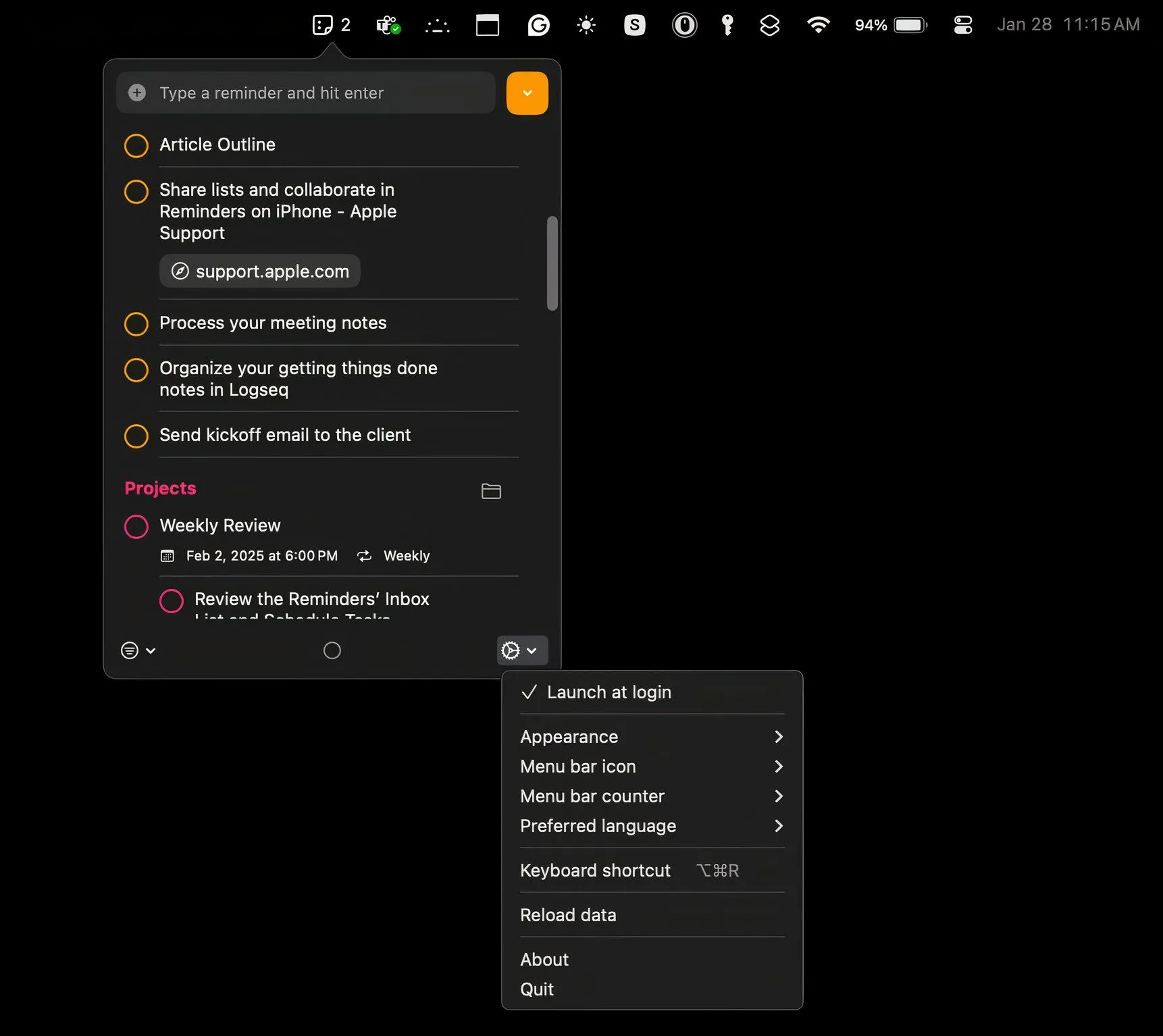 Cửa sổ cài đặt của ứng dụng Reminders MenuBar, nơi người dùng có thể tùy chỉnh các tùy chọn như khởi chạy khi đăng nhập và đặt phím tắt toàn hệ thống để nhập nhanh nhắc nhở.