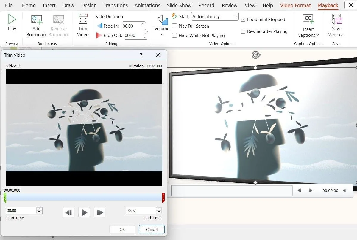 Cửa sổ Cắt video trong PowerPoint hiển thị thanh cắt và tùy chọn điều chỉnh