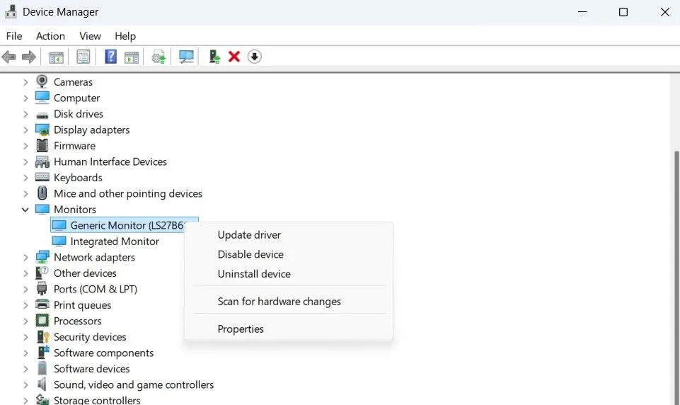 Cửa sổ Device Manager (Quản lý Thiết bị) của Windows hiển thị tùy chọn cập nhật driver màn hình
